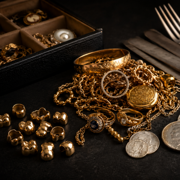 Assorted household gold and silver items including jewelry, dental gold, silver coins, and flatware laid out on a dark surface